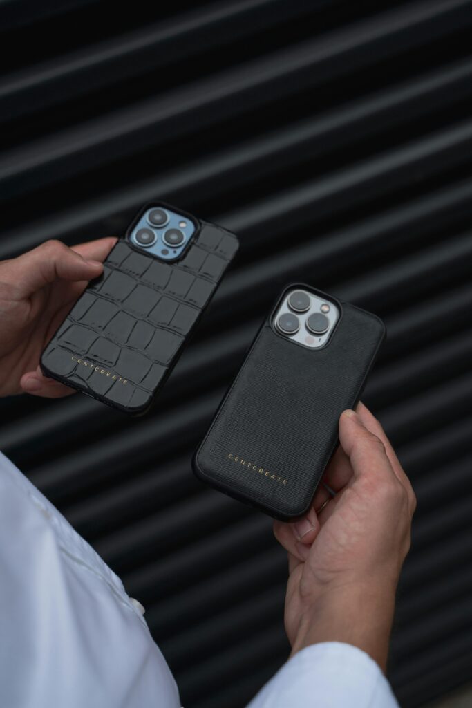 Elegant display of luxury phone cases for modern smartphones, emphasizing style and sophistication.